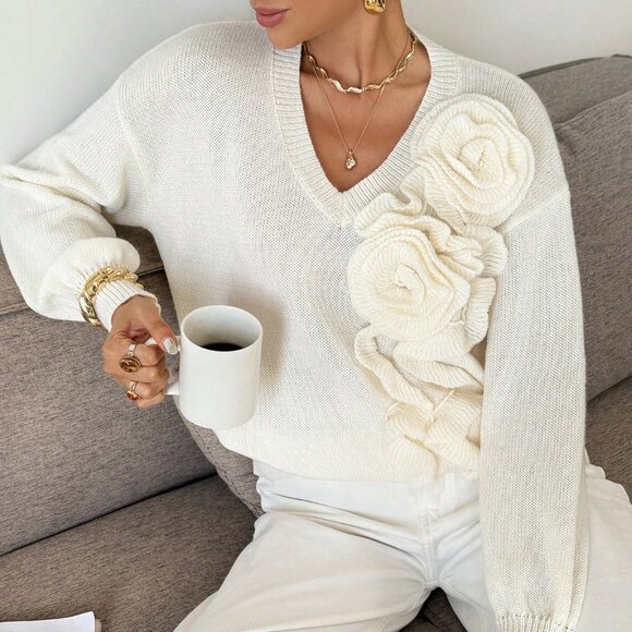 Apricot Casual Women's Elegant 3d Floral Decor Sweater - Picture 3 of 6